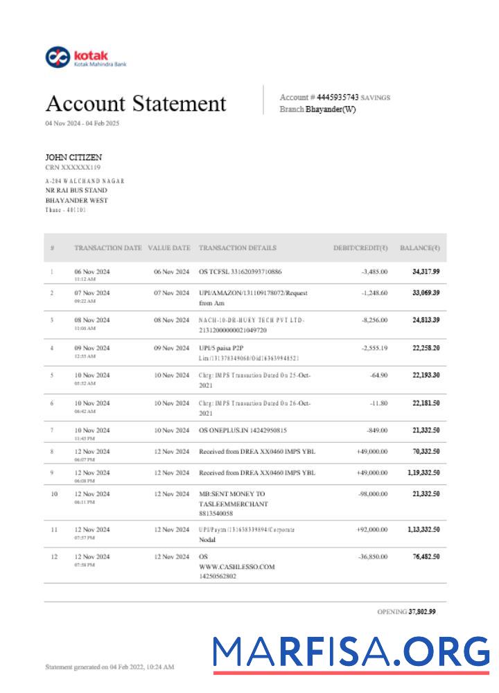 Realistic India Kotak bank statement word template